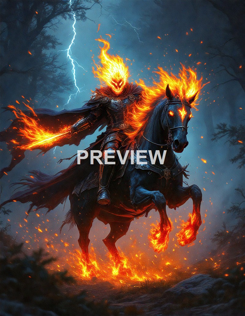 A fiery armored knight with flaming hair and glowing eyes riding a horse with flaming hooves through a dark, stormy forest with lightning in the background.